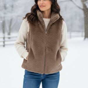 Fever Vest Soft Plush Faux Fur Taupe Tan Brown Women’s Size M Full Zip